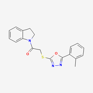 molecular formula C19H17N3O2S B2694848 1-(Indolin-1-yl)-2-((5-(o-tolyl)-1,3,4-oxadiazol-2-yl)thio)ethanone CAS No. 484695-05-8