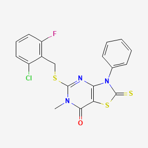 molecular formula C19H13ClFN3OS3 B2695037 5-((2-chloro-6-fluorobenzyl)thio)-6-methyl-3-phenyl-2-thioxo-2,3-dihydrothiazolo[4,5-d]pyrimidin-7(6H)-one CAS No. 1114635-90-3