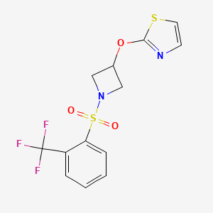 molecular formula C13H11F3N2O3S2 B2695066 2-((1-((2-(三氟甲基)苯基)磺酰)吖啶-3-基氧基)噻唑 CAS No. 1705066-58-5