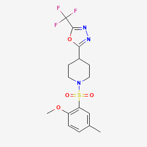molecular formula C16H18F3N3O4S B2695081 2-(1-((2-Methoxy-5-methylphenyl)sulfonyl)piperidin-4-yl)-5-(trifluoromethyl)-1,3,4-oxadiazole CAS No. 1705135-04-1