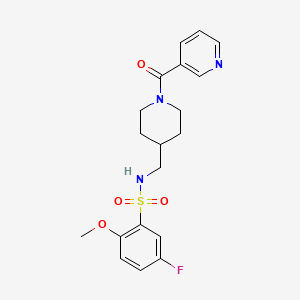molecular formula C19H22FN3O4S B2695118 5-氟-2-甲氧基-N-((1-烟酰基哌啶-4-基)甲基)苯磺酰胺 CAS No. 1396760-03-4