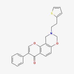 molecular formula C23H19NO3S B2695238 3-phenyl-9-(2-(thiophen-2-yl)ethyl)-9,10-dihydrochromeno[8,7-e][1,3]oxazin-4(8H)-one CAS No. 929440-62-0