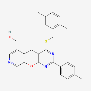 molecular formula C28H27N3O2S B2695248 (7-{[(2,5-Dimethylphenyl)methyl]sulfanyl}-14-methyl-5-(4-methylphenyl)-2-oxa-4,6,13-triazatricyclo[8.4.0.0^{3,8}]tetradeca-1(10),3(8),4,6,11,13-hexaen-11-yl)methanol CAS No. 892417-07-1