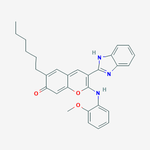 molecular formula C29H29N3O3 B269527 3-(1H-benzimidazol-2-yl)-6-hexyl-2-(2-methoxyanilino)chromen-7-one 