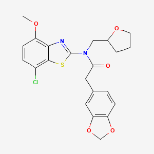 molecular formula C22H21ClN2O5S B2695310 2-(benzo[d][1,3]dioxol-5-yl)-N-(7-chloro-4-methoxybenzo[d]thiazol-2-yl)-N-((tetrahydrofuran-2-yl)methyl)acetamide CAS No. 922093-42-3