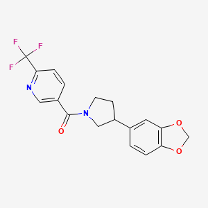 molecular formula C18H15F3N2O3 B2695360 (3-(Benzo[d][1,3]dioxol-5-yl)pyrrolidin-1-yl)(6-(trifluoromethyl)pyridin-3-yl)methanone CAS No. 2034597-53-8