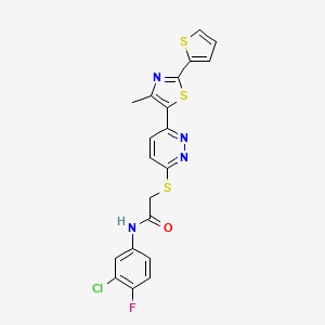 molecular formula C20H14ClFN4OS3 B2695368 N-(3-chloro-4-fluorophenyl)-2-((6-(4-methyl-2-(thiophen-2-yl)thiazol-5-yl)pyridazin-3-yl)thio)acetamide CAS No. 1005304-77-7