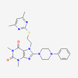molecular formula C25H30N8O2S B2695389 7-[2-(4,6-Dimethylpyrimidin-2-yl)sulfanylethyl]-1,3-dimethyl-8-(4-phenylpiperazin-1-yl)purine-2,6-dione CAS No. 674815-05-5