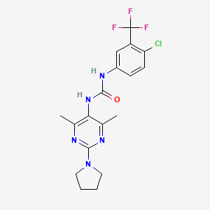molecular formula C18H19ClF3N5O B2695520 1-(4-Chloro-3-(trifluoromethyl)phenyl)-3-(4,6-dimethyl-2-(pyrrolidin-1-yl)pyrimidin-5-yl)urea CAS No. 1448058-37-4