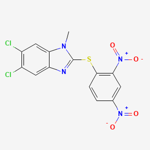 molecular formula C14H8Cl2N4O4S B2695599 5,6-dichloro-2-[(2,4-dinitrophenyl)sulfanyl]-1-methyl-1H-1,3-benzodiazole CAS No. 2415454-03-2