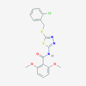 molecular formula C18H16ClN3O3S2 B269561 N-{5-[(2-chlorobenzyl)sulfanyl]-1,3,4-thiadiazol-2-yl}-2,6-dimethoxybenzamide 