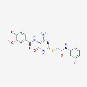 molecular formula C21H20FN5O5S B2695614 N-(4-amino-2-((2-((3-fluorophenyl)amino)-2-oxoethyl)thio)-6-oxo-1,6-dihydropyrimidin-5-yl)-3,4-dimethoxybenzamide CAS No. 868227-02-5
