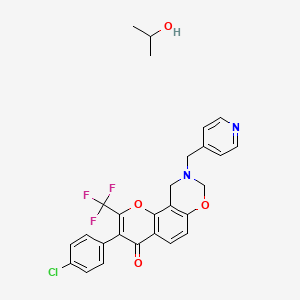molecular formula C27H24ClF3N2O4 B2695671 3-(4-chlorophenyl)-9-[(pyridin-4-yl)methyl]-2-(trifluoromethyl)-4H,8H,9H,10H-chromeno[8,7-e][1,3]oxazin-4-one; propan-2-ol CAS No. 1351600-09-3