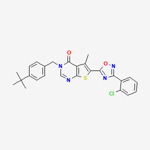 molecular formula C26H23ClN4O2S B2695672 3-(4-tert-butylbenzyl)-6-[3-(2-chlorophenyl)-1,2,4-oxadiazol-5-yl]-5-methylthieno[2,3-d]pyrimidin-4(3H)-one CAS No. 1326927-56-3