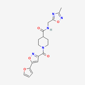 molecular formula C18H19N5O5 B2695712 1-(5-(furan-2-yl)isoxazole-3-carbonyl)-N-((3-methyl-1,2,4-oxadiazol-5-yl)methyl)piperidine-4-carboxamide CAS No. 1334369-71-9
