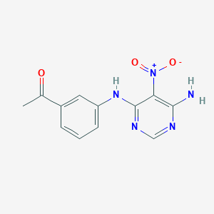 molecular formula C12H11N5O3 B2695819 1-(3-((6-Amino-5-nitropyrimidin-4-yl)amino)phenyl)ethanone CAS No. 450345-14-9