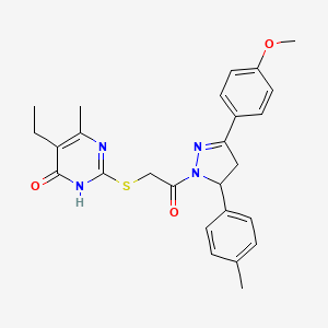 molecular formula C26H28N4O3S B2695990 5-ethyl-2-((2-(3-(4-methoxyphenyl)-5-(p-tolyl)-4,5-dihydro-1H-pyrazol-1-yl)-2-oxoethyl)thio)-6-methylpyrimidin-4(3H)-one CAS No. 922581-54-2