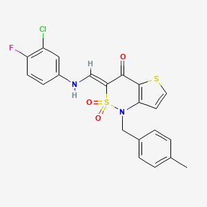 molecular formula C21H16ClFN2O3S2 B2696004 (3Z)-3-{[(3-chloro-4-fluorophenyl)amino]methylene}-1-(4-methylbenzyl)-1H-thieno[3,2-c][1,2]thiazin-4(3H)-one 2,2-dioxide CAS No. 894673-99-5
