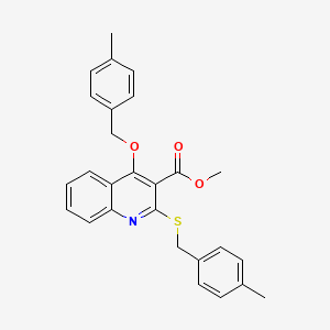 molecular formula C27H25NO3S B2696005 甲酸-4-((4-甲基苯甲基)氧基)-2-((4-甲基苯甲基)硫基)喹啉-3-甲酸酯 CAS No. 932351-74-1