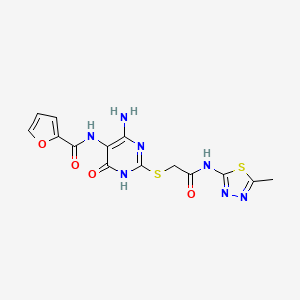 molecular formula C14H13N7O4S2 B2696019 N-(4-amino-2-((2-((5-methyl-1,3,4-thiadiazol-2-yl)amino)-2-oxoethyl)thio)-6-oxo-1,6-dihydropyrimidin-5-yl)furan-2-carboxamide CAS No. 868226-50-0