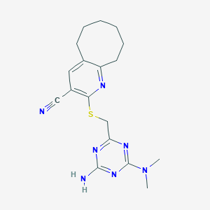 molecular formula C18H23N7S B2696040 2-[[4-Amino-6-(dimethylamino)-1,3,5-triazin-2-yl]methylsulfanyl]-5,6,7,8,9,10-hexahydrocycloocta[b]pyridine-3-carbonitrile CAS No. 728001-49-8