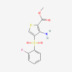 molecular formula C12H10FNO4S2 B2696070 Methyl 3-amino-4-[(2-fluorophenyl)sulfonyl]thiophene-2-carboxylate CAS No. 1558108-69-2