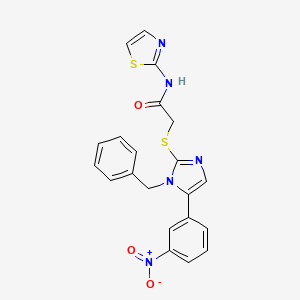 molecular formula C21H17N5O3S2 B2696084 2-((1-benzyl-5-(3-nitrophenyl)-1H-imidazol-2-yl)thio)-N-(thiazol-2-yl)acetamide CAS No. 1234882-44-0