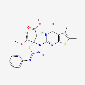 molecular formula C21H21N5O5S2 B2696147 Methyl 3-(5,6-dimethyl-4-oxo-3,4-dihydrothieno[2,3-d]pyrimidin-2-yl)-2-(2-methoxy-2-oxoethyl)-5-(phenylamino)-2,3-dihydro-1,3,4-thiadiazole-2-carboxylate CAS No. 848667-39-0