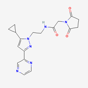 molecular formula C18H20N6O3 B2696188 N-(2-(5-cyclopropyl-3-(pyrazin-2-yl)-1H-pyrazol-1-yl)ethyl)-2-(2,5-dioxopyrrolidin-1-yl)acetamide CAS No. 2034549-84-1