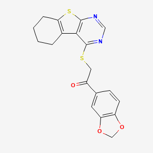 molecular formula C19H16N2O3S2 B2696190 1-(1,3-Benzodioxol-5-yl)-2-(5,6,7,8-tetrahydro-[1]benzothiolo[2,3-d]pyrimidin-4-ylsulfanyl)ethanone CAS No. 315677-10-2