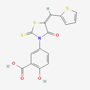molecular formula C15H9NO4S3 B2696197 (E)-2-hydroxy-5-(4-oxo-5-(thiophen-2-ylmethylene)-2-thioxothiazolidin-3-yl)benzoic acid CAS No. 853904-14-0