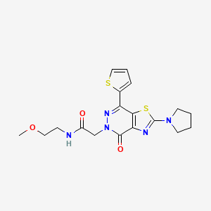 molecular formula C18H21N5O3S2 B2696222 N-(2-methoxyethyl)-2-(4-oxo-2-(pyrrolidin-1-yl)-7-(thiophen-2-yl)thiazolo[4,5-d]pyridazin-5(4H)-yl)acetamide CAS No. 1105219-04-2