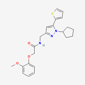 molecular formula C22H25N3O3S B2696291 N-((1-cyclopentyl-5-(thiophen-2-yl)-1H-pyrazol-3-yl)methyl)-2-(2-methoxyphenoxy)acetamide CAS No. 1421475-43-5