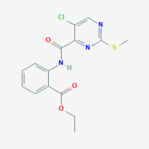 molecular formula C15H14ClN3O3S B2696347 乙酸-2-(5-氯-2-(甲硫基)嘧啶-4-基)苯甲酰胺 CAS No. 898648-59-4