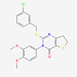 molecular formula C21H19ClN2O3S2 B2696488 2-((3-chlorobenzyl)thio)-3-(3,4-dimethoxyphenyl)-6,7-dihydrothieno[3,2-d]pyrimidin-4(3H)-one CAS No. 877656-48-9