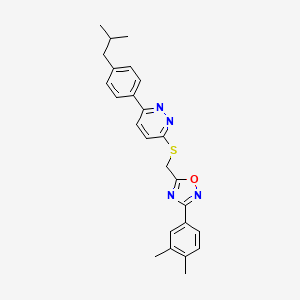 molecular formula C25H26N4OS B2696505 3-(3,4-Dimethylphenyl)-5-(((6-(4-isobutylphenyl)pyridazin-3-yl)thio)methyl)-1,2,4-oxadiazole CAS No. 1113108-36-3