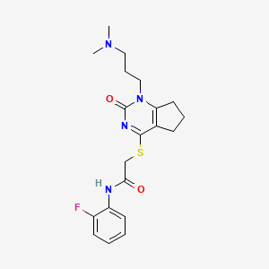 molecular formula C20H25FN4O2S B2696516 2-[[1-[3-(二甲基氨基)丙基]-2-氧代-6,7-二氢-5H-环戊[2,3-d]嘧啶-4-基]硫醇基]-N-(2-氟苯基)乙酰胺 CAS No. 898434-30-5