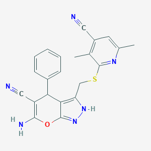 molecular formula C22H18N6OS B269658 6-Amino-3-{[(4-cyano-3,6-dimethyl-2-pyridinyl)sulfanyl]methyl}-4-phenyl-1,4-dihydropyrano[2,3-c]pyrazole-5-carbonitrile 