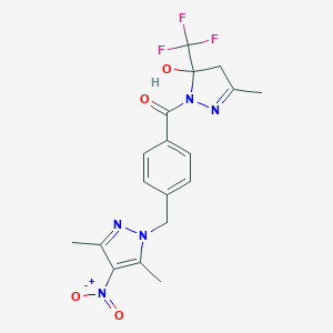 molecular formula C18H18F3N5O4 B269664 1-[4-({4-nitro-3,5-dimethyl-1H-pyrazol-1-yl}methyl)benzoyl]-3-methyl-5-(trifluoromethyl)-4,5-dihydro-1H-pyrazol-5-ol 