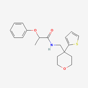 molecular formula C19H23NO3S B2696650 2-phenoxy-N-((4-(thiophen-2-yl)tetrahydro-2H-pyran-4-yl)methyl)propanamide CAS No. 1207055-09-1