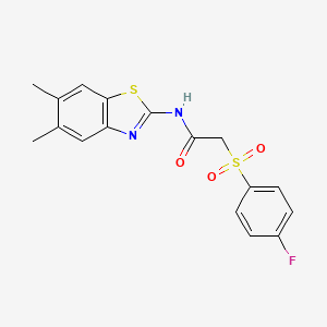 molecular formula C17H15FN2O3S2 B2696661 N-(5,6-二甲基苯并[d]噻唑-2-基)-2-((4-氟苯基)磺酰)乙酰胺 CAS No. 886930-61-6