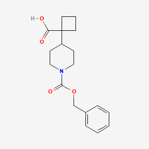 molecular formula C18H23NO4 B2696670 1-(1-Phenylmethoxycarbonylpiperidin-4-yl)cyclobutane-1-carboxylic acid CAS No. 2287312-78-9