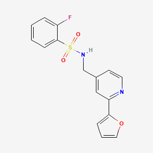 molecular formula C16H13FN2O3S B2696700 2-fluoro-N-((2-(furan-2-yl)pyridin-4-yl)methyl)benzenesulfonamide CAS No. 2034594-34-6