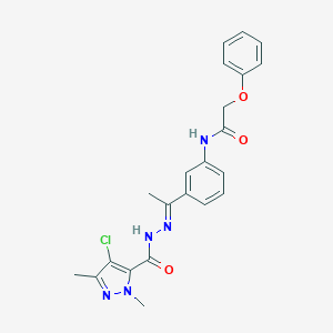 molecular formula C22H22ClN5O3 B269672 N-(3-{N-[(4-chloro-1,3-dimethyl-1H-pyrazol-5-yl)carbonyl]ethanehydrazonoyl}phenyl)-2-phenoxyacetamide 