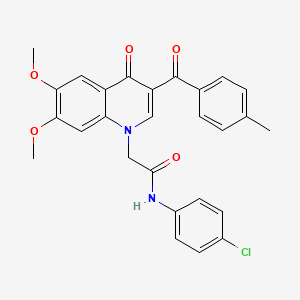 molecular formula C27H23ClN2O5 B2696730 N-(4-chlorophenyl)-2-[6,7-dimethoxy-3-(4-methylbenzoyl)-4-oxoquinolin-1-yl]acetamide CAS No. 866590-59-2