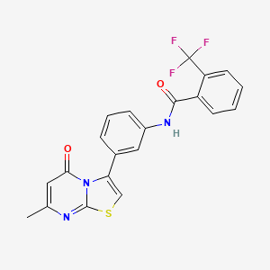 molecular formula C21H14F3N3O2S B2696734 N-(3-(7-methyl-5-oxo-5H-thiazolo[3,2-a]pyrimidin-3-yl)phenyl)-2-(trifluoromethyl)benzamide CAS No. 1021116-07-3