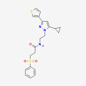 molecular formula C21H23N3O3S2 B2696746 N-(2-(5-cyclopropyl-3-(thiophen-3-yl)-1H-pyrazol-1-yl)ethyl)-3-(phenylsulfonyl)propanamide CAS No. 2034633-77-5