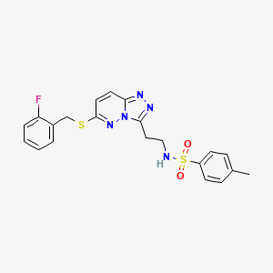 molecular formula C21H20FN5O2S2 B2696755 N-(2-(6-((2-fluorobenzyl)thio)-[1,2,4]triazolo[4,3-b]pyridazin-3-yl)ethyl)-4-methylbenzenesulfonamide CAS No. 872998-32-8