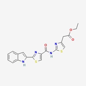 molecular formula C19H16N4O3S2 B2696764 乙酸2-(2-(2-(1H-吲哚-2-基)噻唑-4-甲酰胺)噻唑-4-基)酯 CAS No. 1172978-70-9