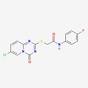 molecular formula C15H10ClFN4O2S B2696768 2-(7-氯-4-氧代吡啶[1,2-a][1,3,5]三嗪-2-基)硫醇基-N-(4-氟苯基)乙酰胺 CAS No. 896324-99-5